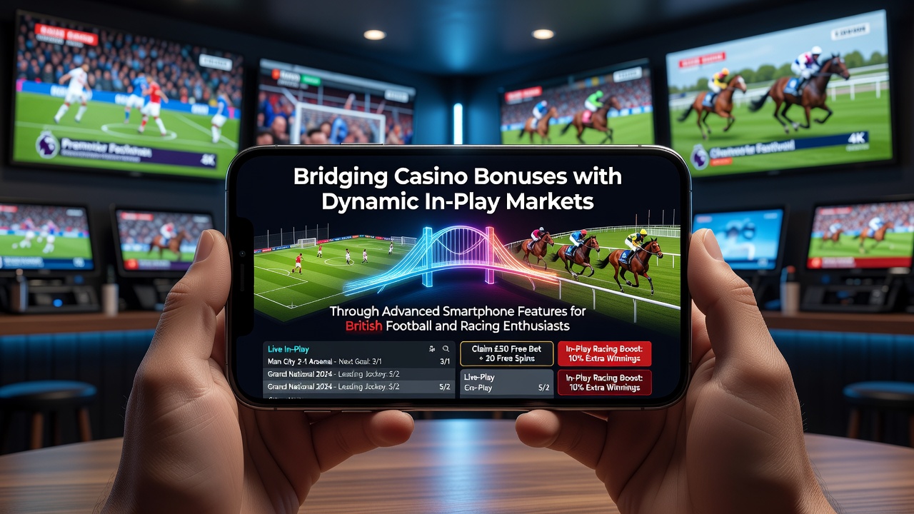 Smartphone screen displaying integrated casino bonuses and live in-play betting options for football matches and horse racing events