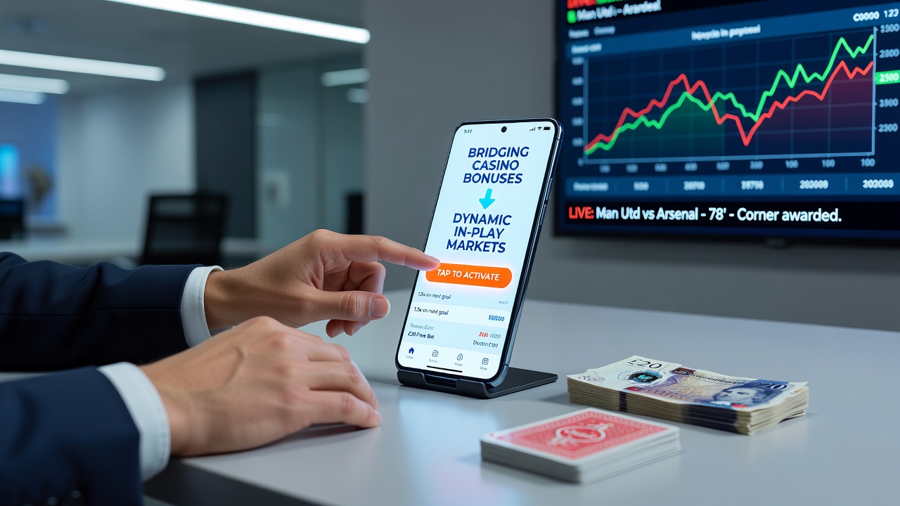 Close-up of a smartphone app interface showing live in-play betting markets for horse racing alongside casino bonus indicators