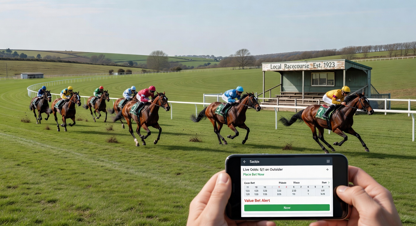 Aerial view of a smaller British racing circuit with mobile betting activity in the stands