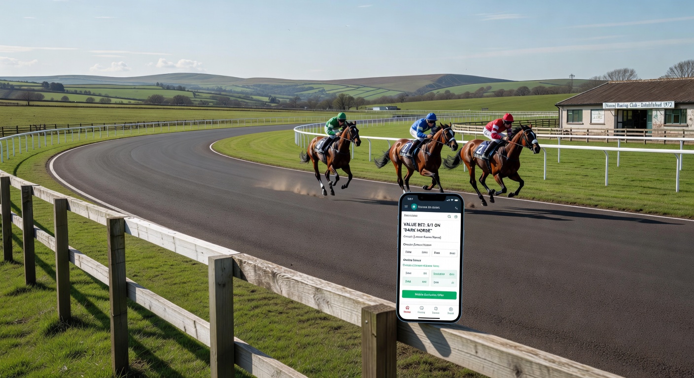 Close-up of a smartphone displaying racing odds from a regional British meeting