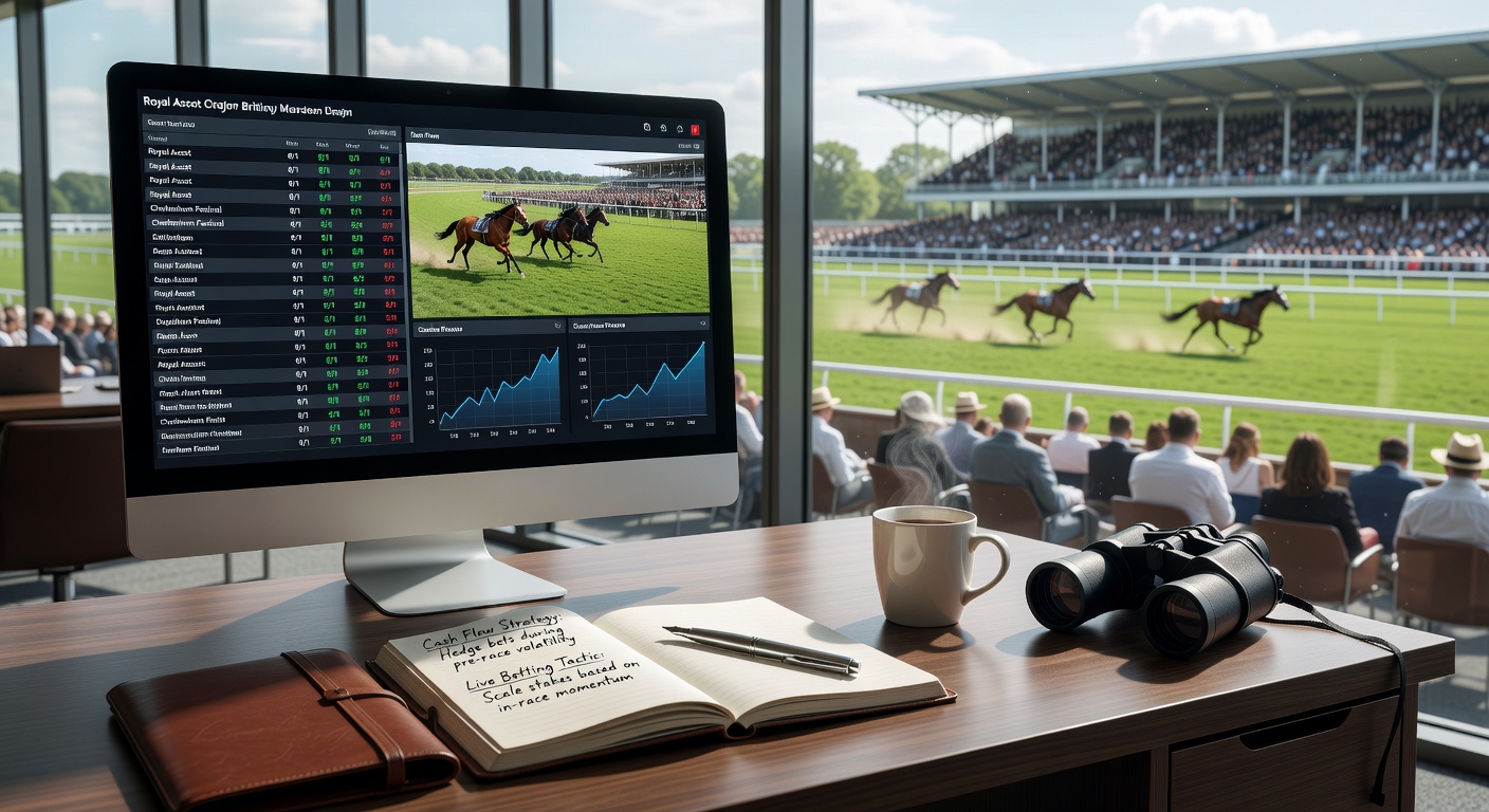 Bettors reviewing live odds and cash flow tools on mobile apps during a British horse racing festival