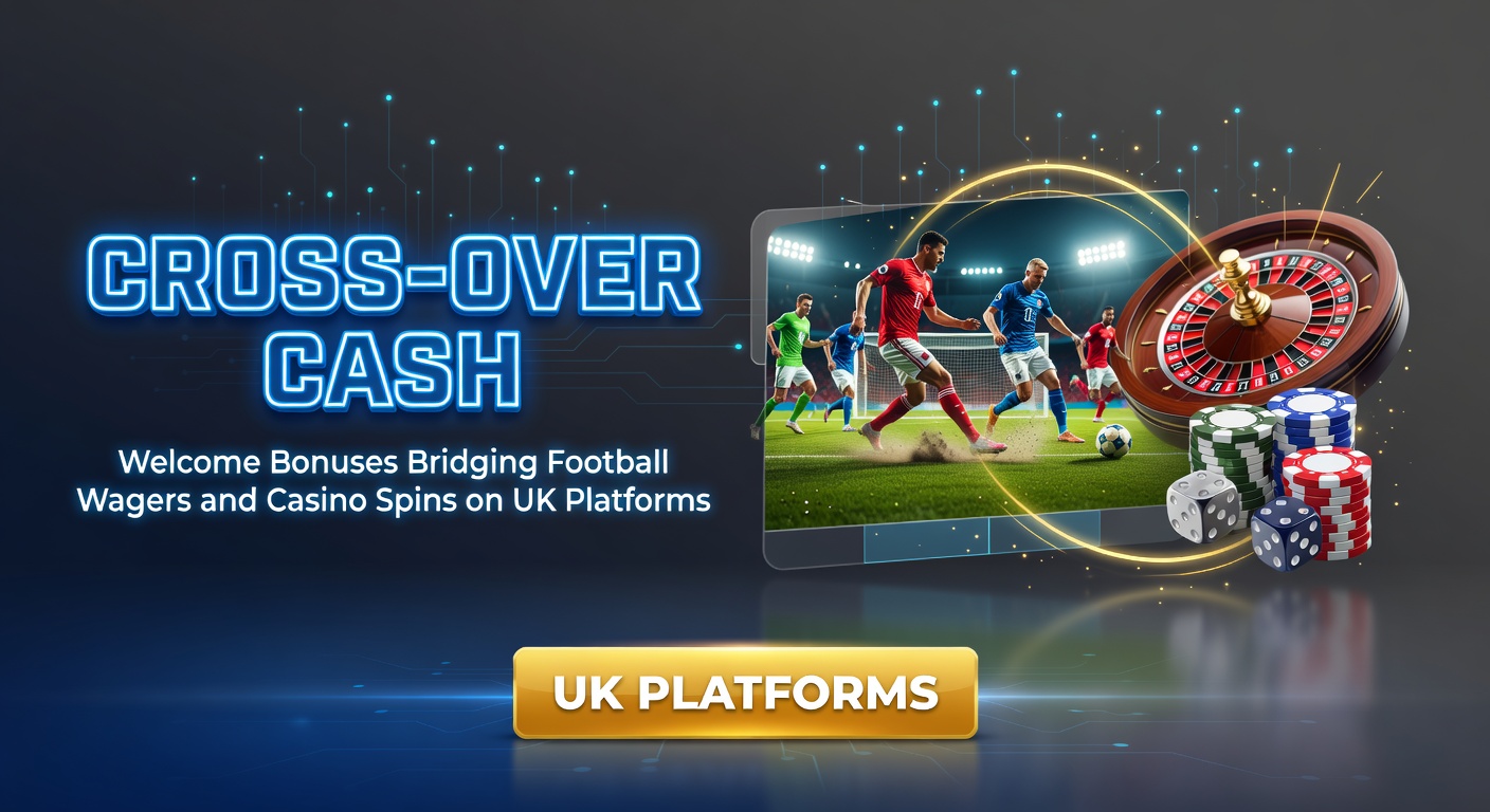 Vibrant split-screen graphic showing a football pitch merging into casino slot reels with bonus cash icons bridging the two worlds on a UK betting app interface