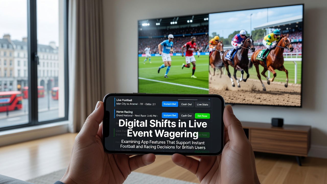 Mobile app interface showing live football and racing betting options with real-time data overlays