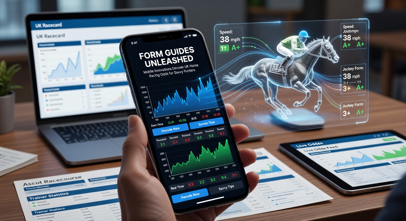 Close-up of a mobile app interface showing decoded horse racing odds, with graphs on form trends, live price comparisons, and punter tips for a UK National Hunt event