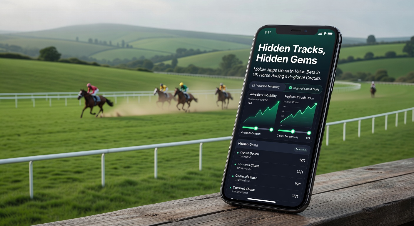 Aerial view of a lesser-known UK regional horse racing track surrounded by countryside, with mobile phones displaying betting apps in the foreground