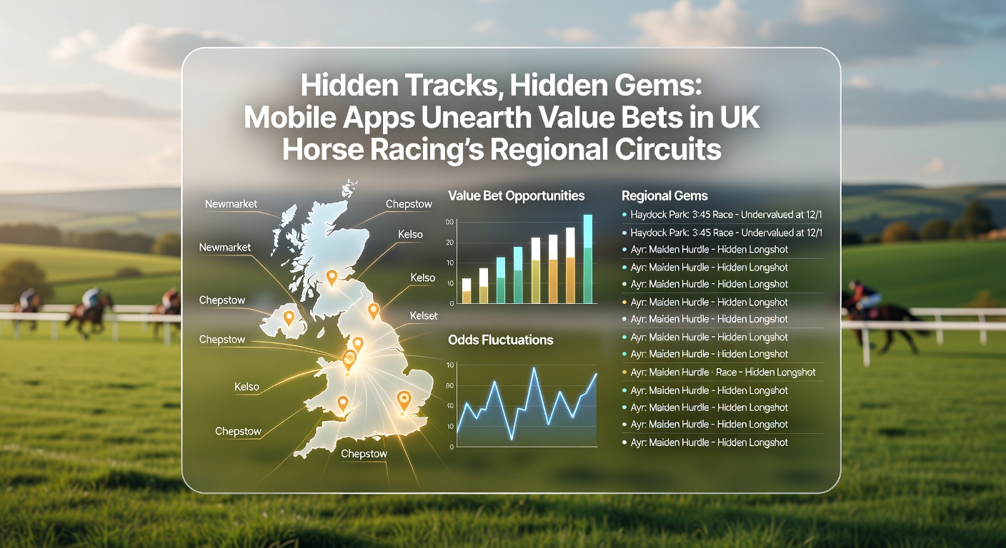Close-up of a smartphone screen showing a mobile betting app with horse racing form analysis, odds comparisons, and a regional UK track map highlighted