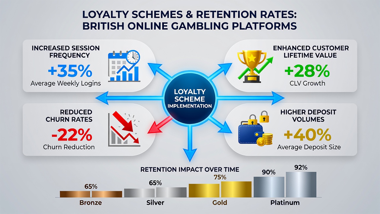 Infographic displaying retention statistics and loyalty tier progression charts for UK gambling platforms in 2026