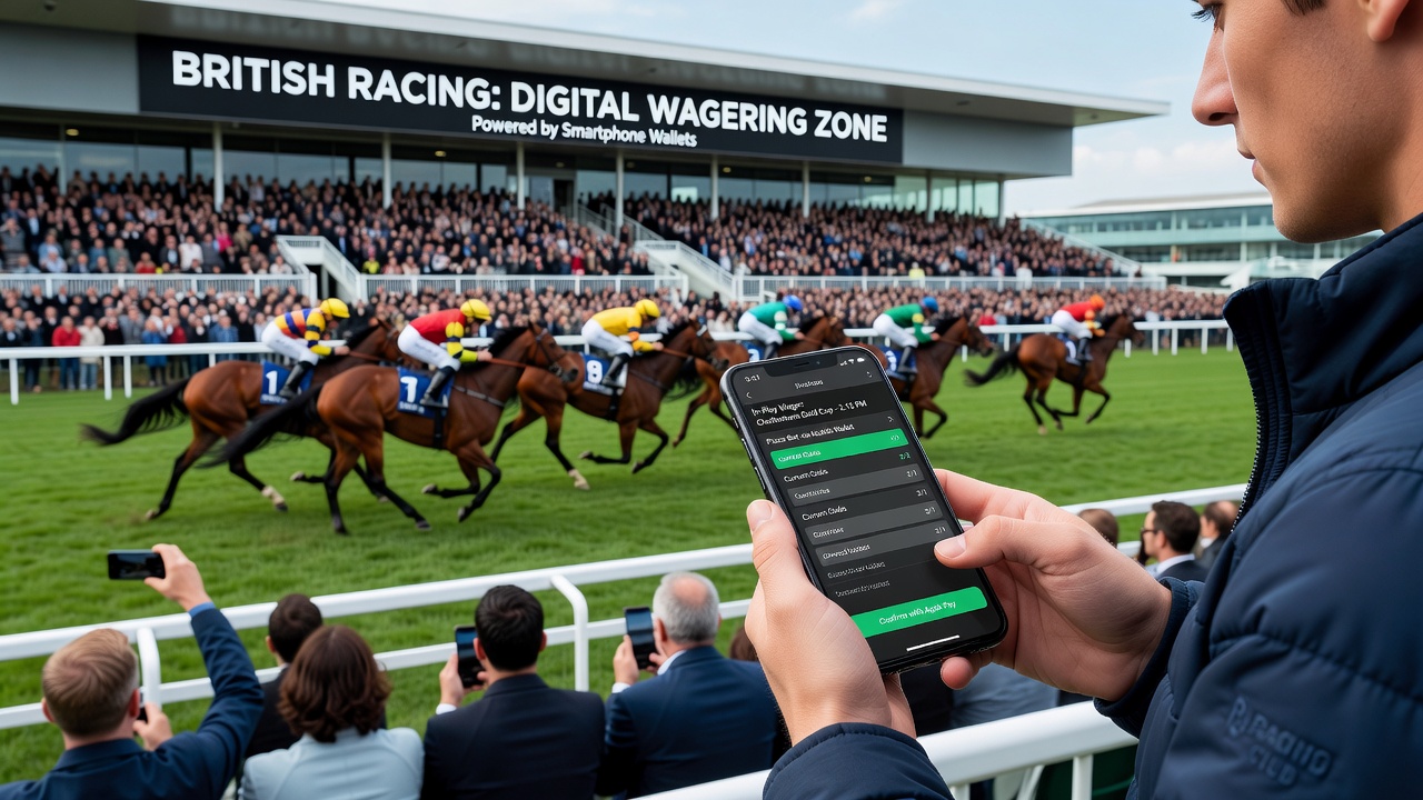 Bettors using smartphone wallets for live horse racing wagers at a UK track
