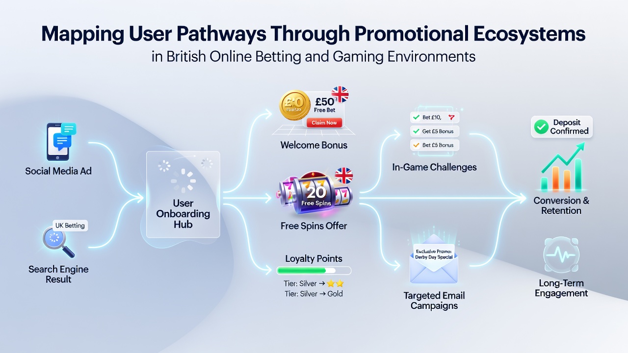 Flowchart illustrating how UK bettors move from welcome bonuses through loyalty tiers and retention offers on mobile devices