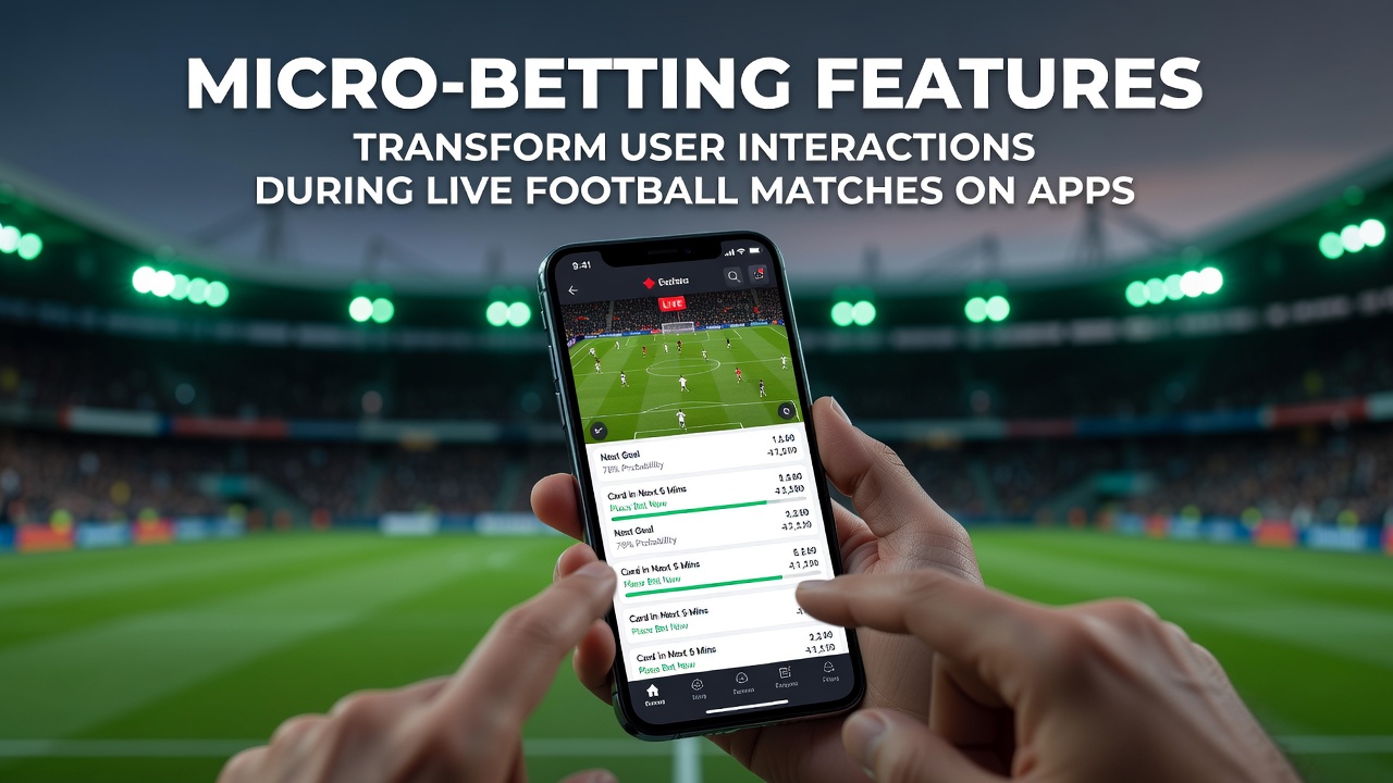 Football fans using mobile apps to place micro-bets during a live match on a packed stadium screen