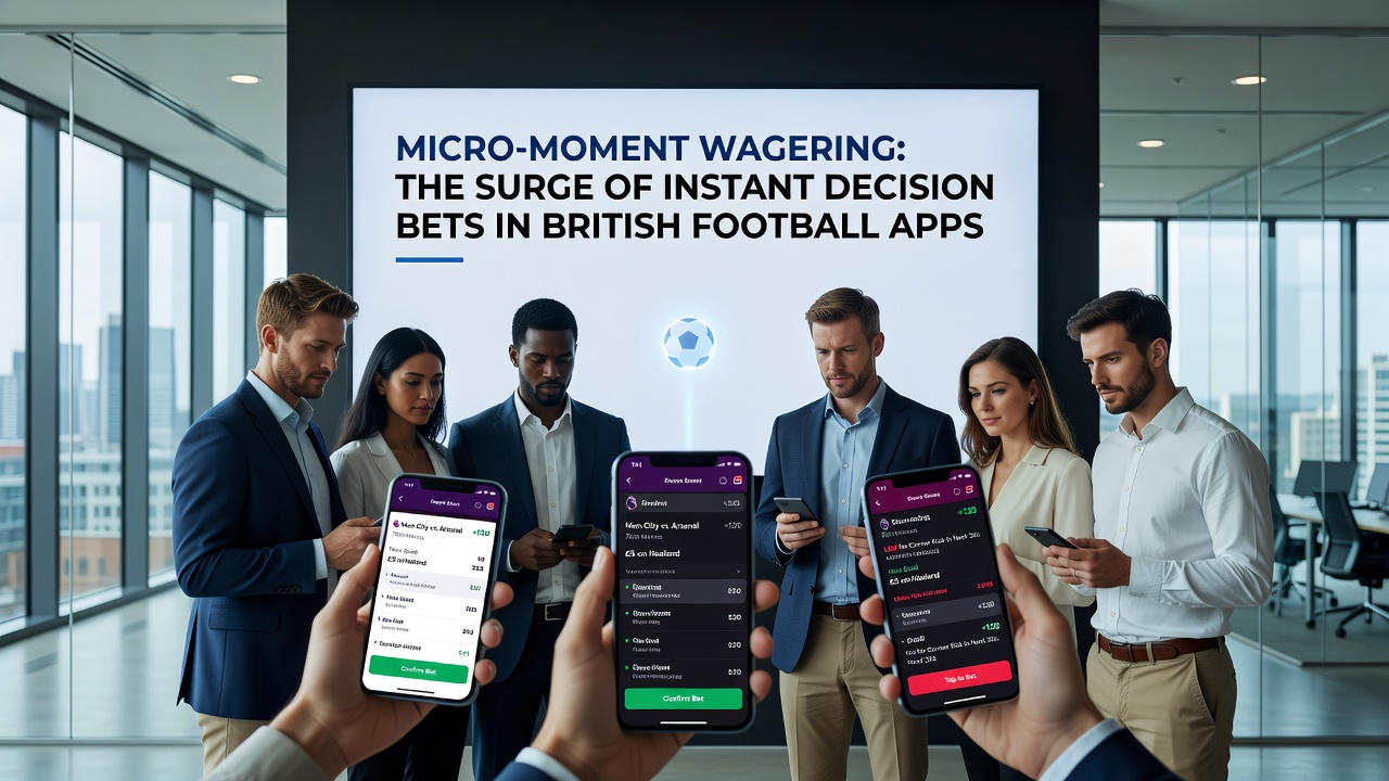 Close-up of a British football fan using a mobile app to place a quick in-play bet during a live match