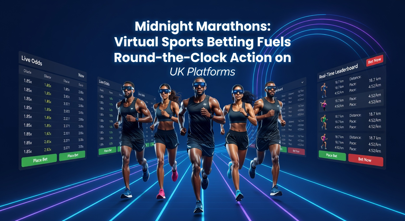 Digital screens displaying virtual horse races and betting interfaces active at midnight, illustrating non-stop wagering action