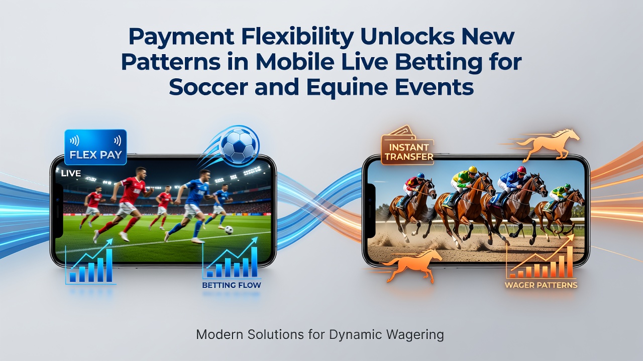 Mobile betting interface showing real-time soccer and horse racing options with flexible payment icons