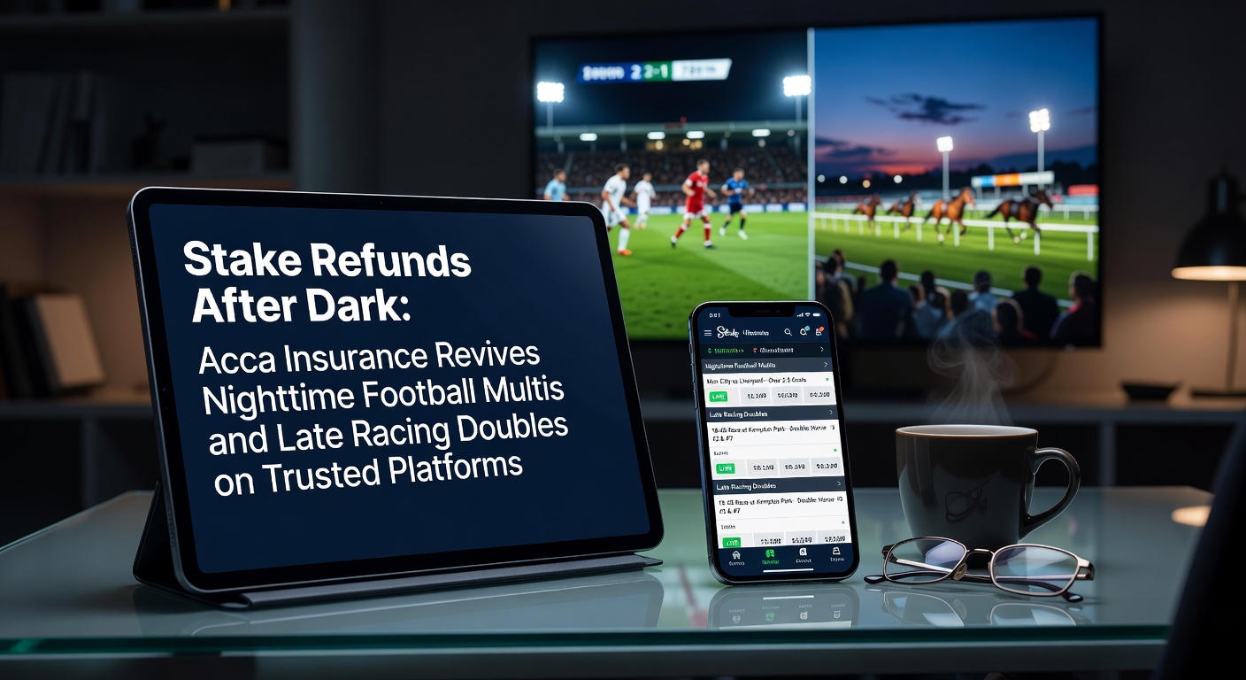 Vibrant nighttime stadium scene with football players under floodlights and overlaid betting slips showing accumulator insurance offers