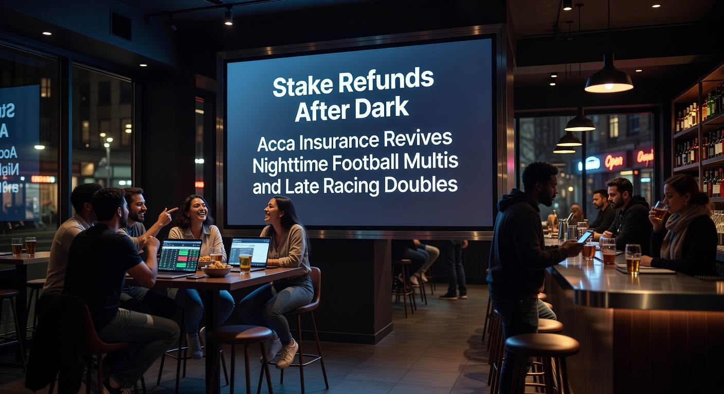 Dimly lit racetrack at dusk with horses charging toward the finish line and digital overlays displaying double bet slips protected by insurance