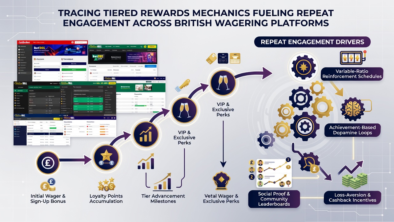 Mobile screen capture of a tiered rewards dashboard displaying current level, points balance, and upcoming benefits on a UK betting app
