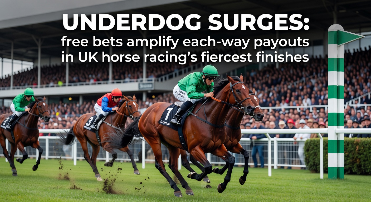 A dramatic photo finish in a UK horse race where a longshot underdog surges past favorites, crowd in the background roaring with excitement