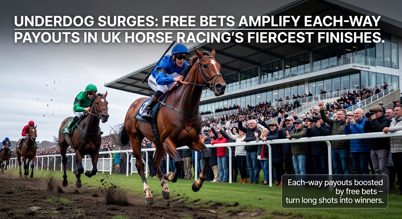 Close-up of punters on mobile apps placing each-way free bets during a live UK horse race stream, with odds flashing on screen