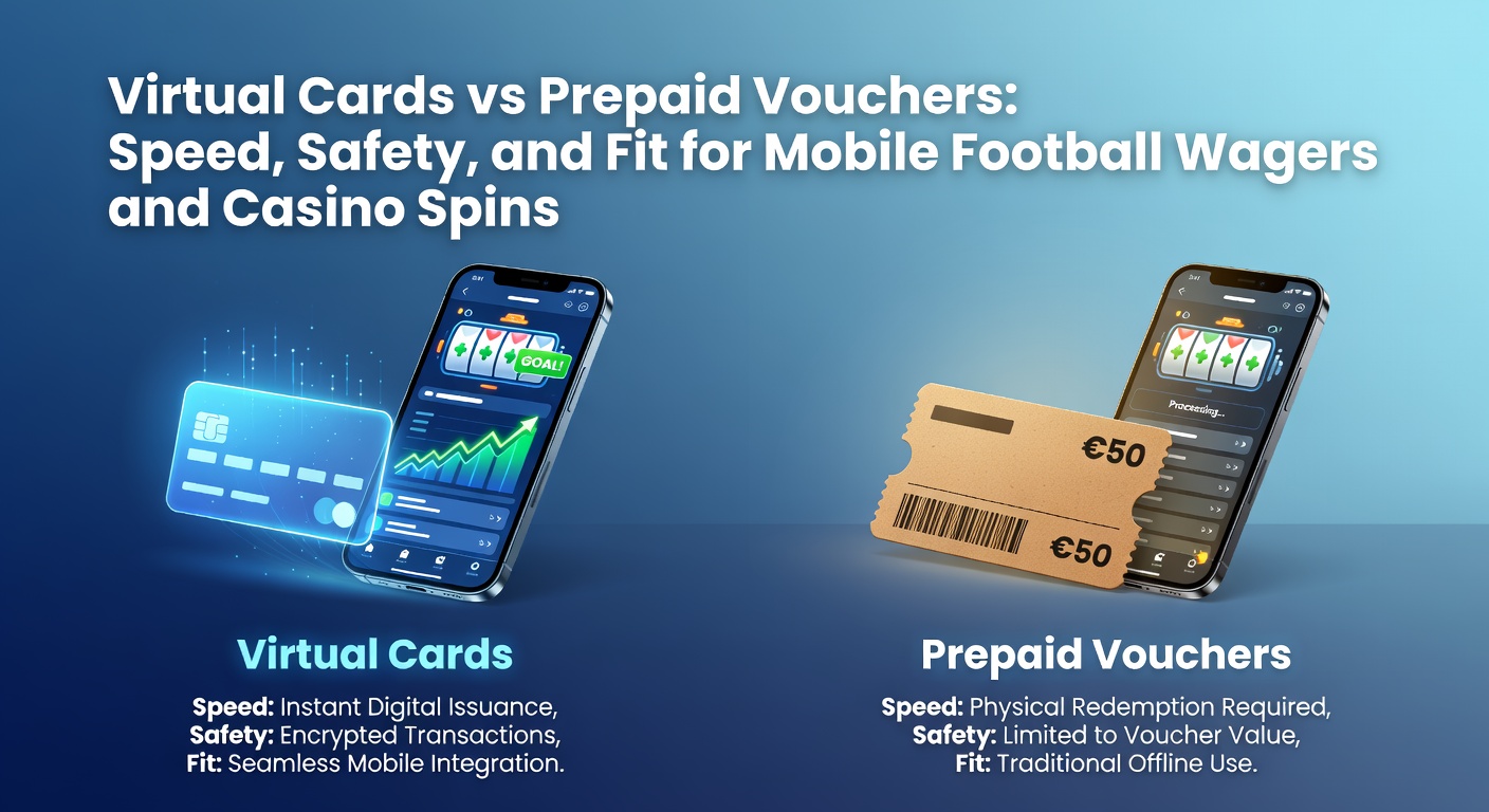 Illustration of a smartphone displaying virtual card and prepaid voucher options during a live football match wager