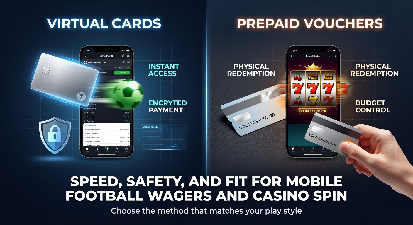 Close-up comparison of a virtual card interface and a prepaid voucher code on a secure mobile betting app screen