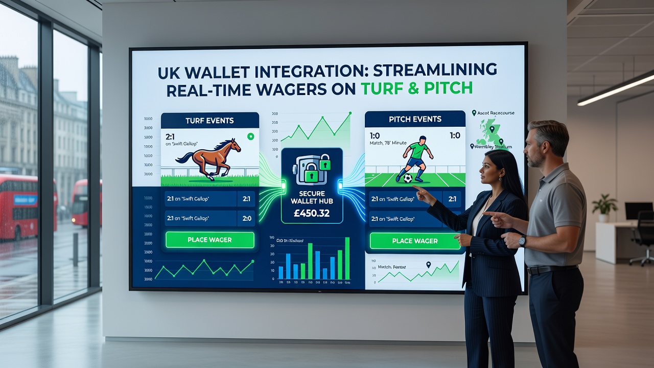 Digital wallet integration interface displayed on a UK betting app during a live horse race and football match