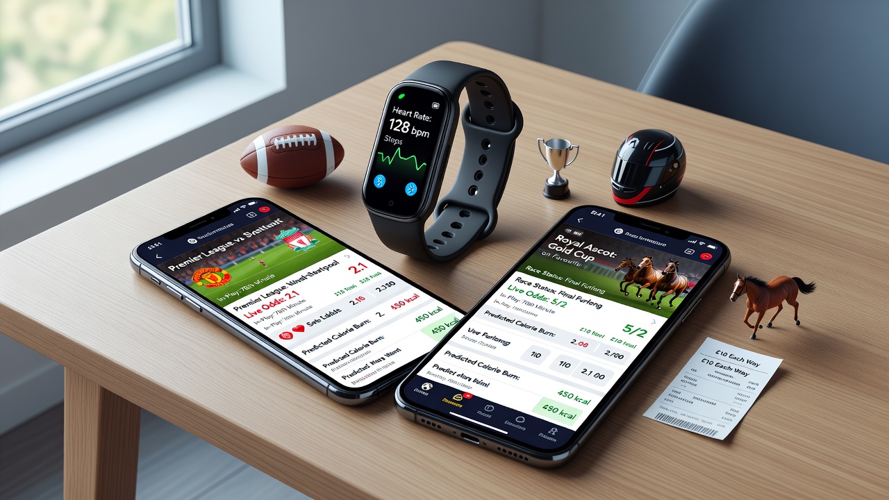 Fitness tracker syncing with a UK mobile betting app during a live football match